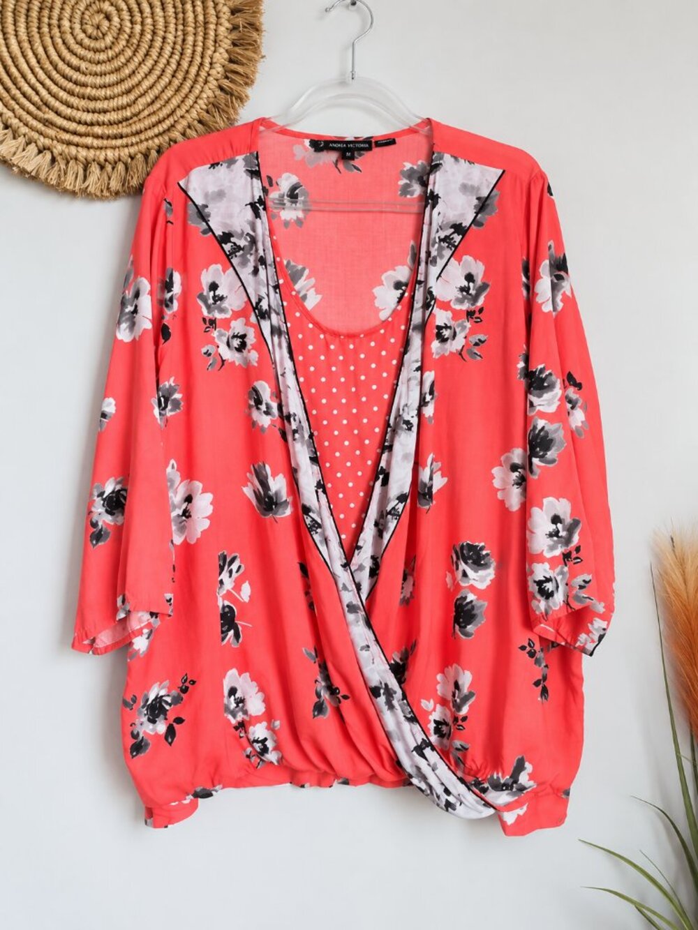 Tolani Collection Floral Polka Dot Layered Coral Wrap Blouse SZ 1X Boho Chic